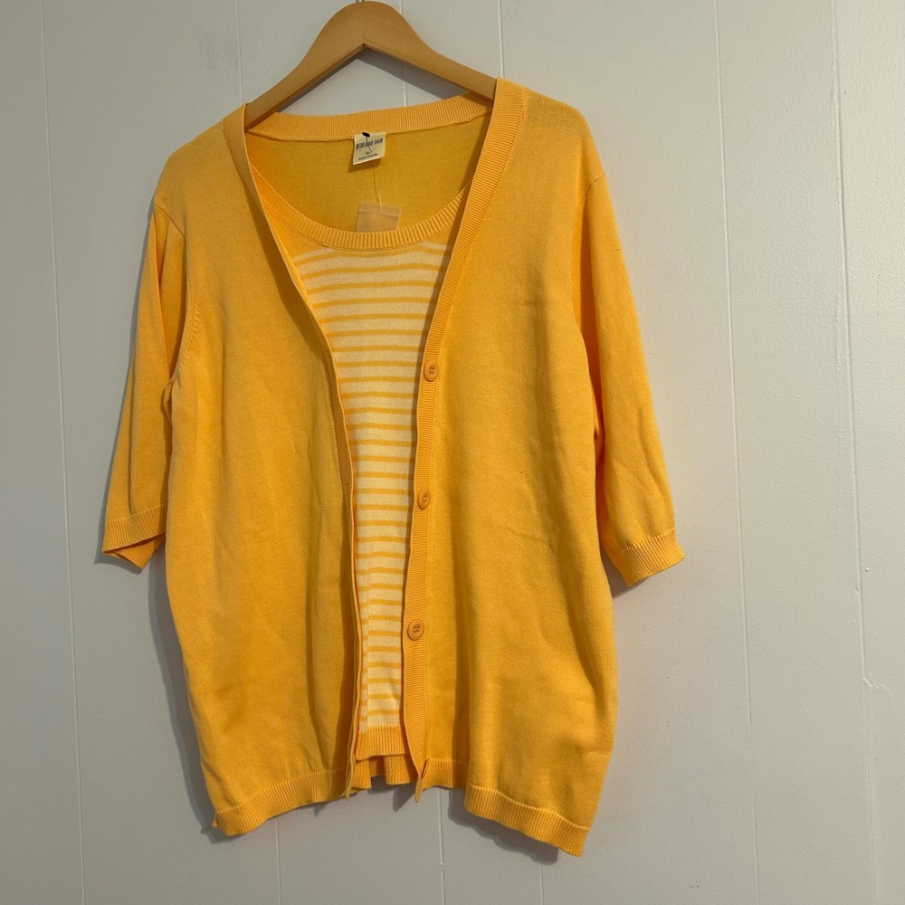 Bedford Fair Womens XL Yellow‎ Cotton Twin Set Striped Shell Cardigan Sweater
